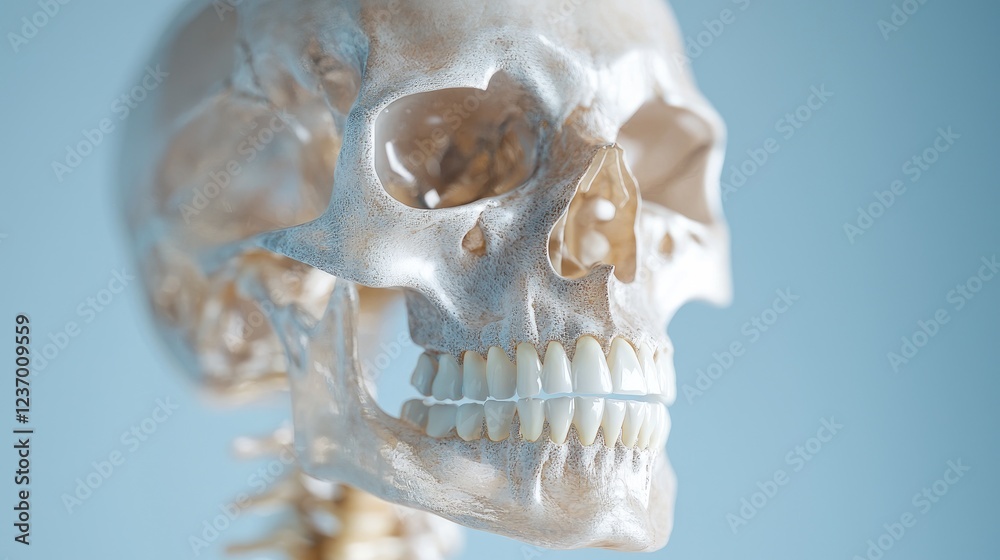 Naklejka premium Human skull anatomy, medical study, light blue background, education