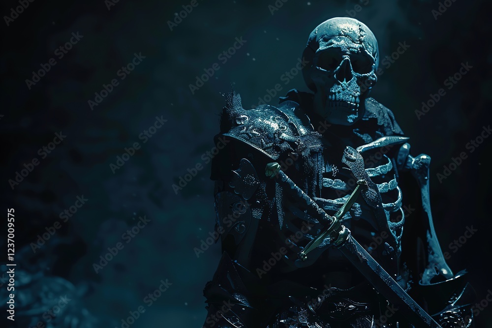 Fototapeta premium Skeleton in armor with sword on dark background, Ai Generated