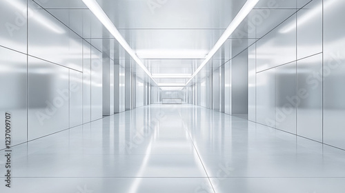 360 degree panorama view of empty white room with metallic surface and reflections 3d render illustration