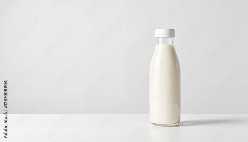 Minimalistic white bottle mockup on a clean white background for milk, plant-based drinks, or protein shakes with copy space Minimalistic white bottle mockup on a clean white background for milk, plant-based drinks, or protein shakes with copy space