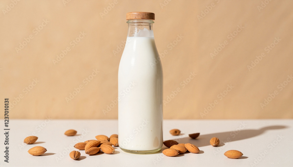 Glass bottle mockup surrounded by almonds on a beige background for almond milk or nut-based drinks with copy space Glass bottle mockup surrounded by almonds on a beige background for almond milk or nut-based drinks with copy space