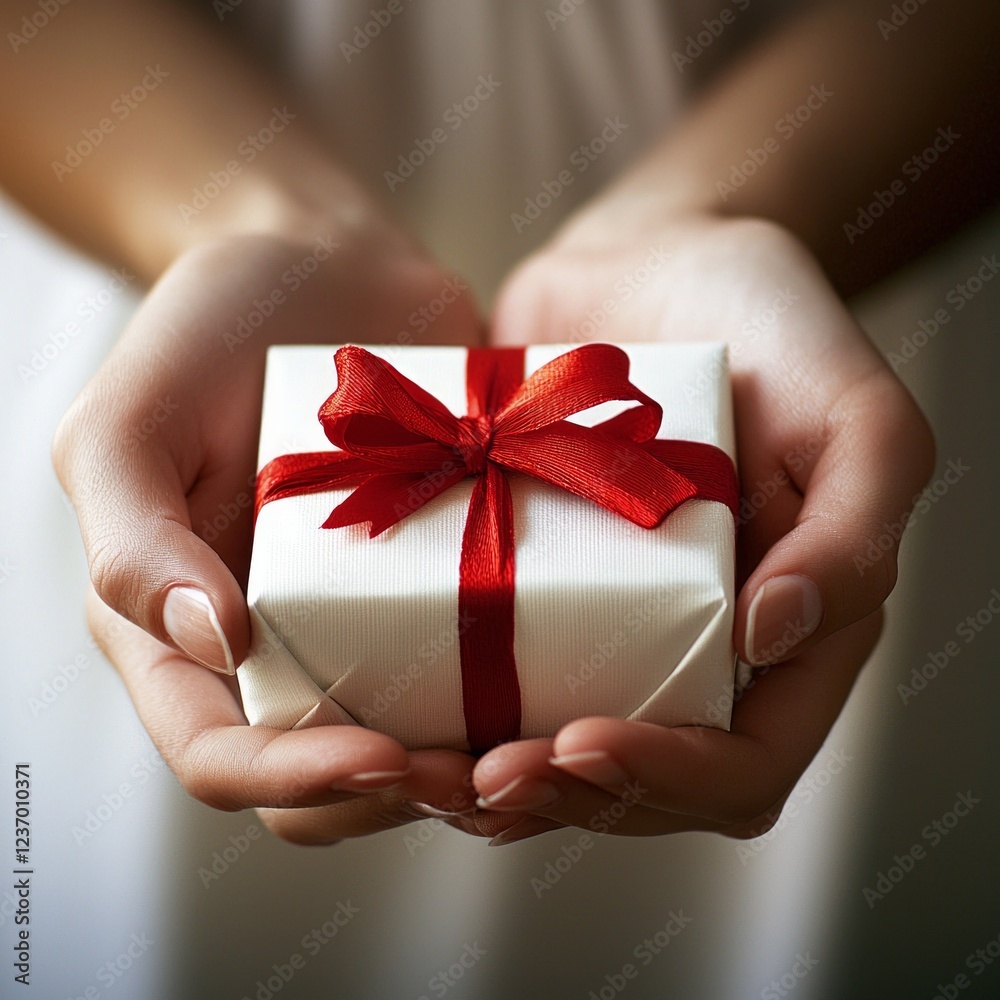 Elegant gift box with red ribbon held in hands as a symbol of thoughtful celebration and giving Elegant gift box with red ribbon held in hands as a symbol of thoughtful celebration and giving