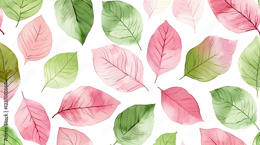 Obraz premium Seamless watercolor pattern with pink and green leaves on white background Botanical design for textile and print