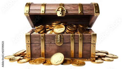 Set of Wooden treasure chest overflowing with gold coins png photo
