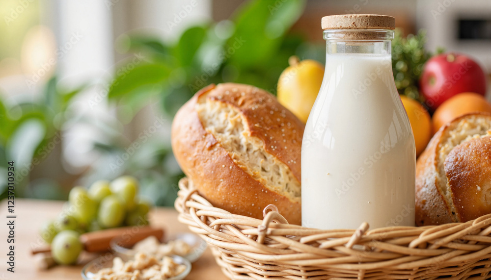 Glass bottle mockup placed in a rustic basket surrounded by bread and vegetables for farm-fresh milk or natural drinks with copy space