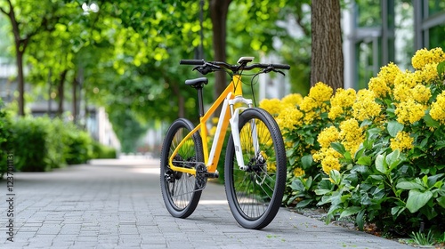 Yellow bike parked on city path, flowers, trees