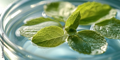 Fresh peppermint leaves floating on the surface of clear water in a glass container