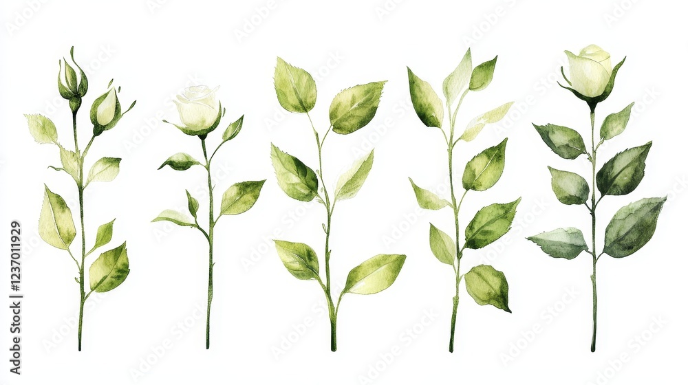Obraz premium Watercolor roses flowers leaves isolated on white background