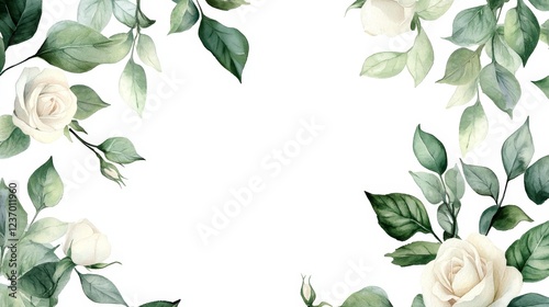 Watercolor roses flowers leaves isolated on white background