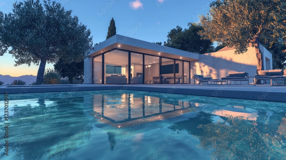 This sleek residence surrounded by olive trees under a turquoise sky This sleek residence surrounded by olive trees under a turquoise sky