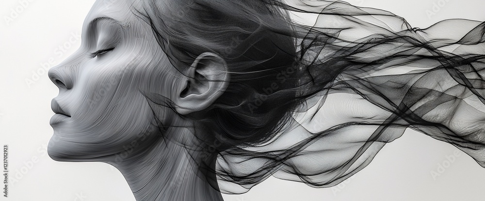 Fototapeta premium Serene woman's face, eyes closed, dark fabric flowing in wind, monochrome.