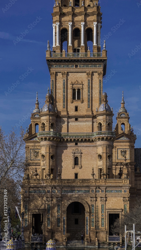 Fototapeta premium A majestic historic tower with intricate architectural details stands against a clear blue sky. Warm-toned bricks, elegant arches, and decorative elements define its grandeur.