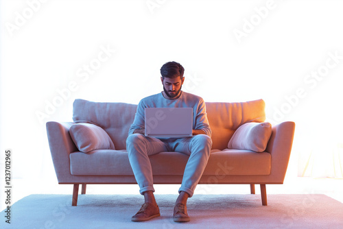 Indian man holding laptop. Entrepreneur startup. Remote freelance. A man working from home on a couch, depicting remote work lifestyle.