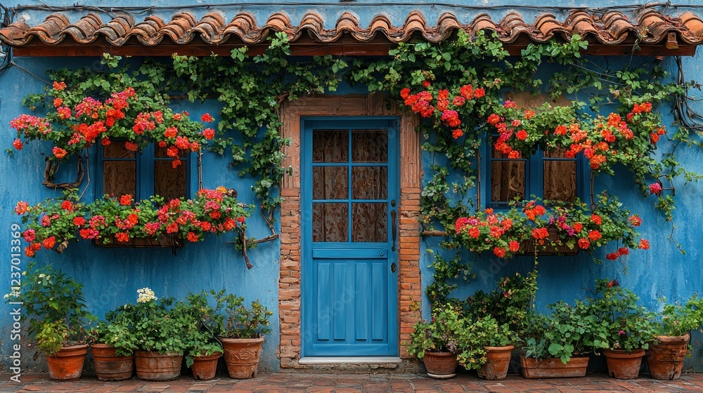 Vibrant Blue House Adorned with Blooming Flowers Vibrant Blue House Adorned with Blooming Flowers