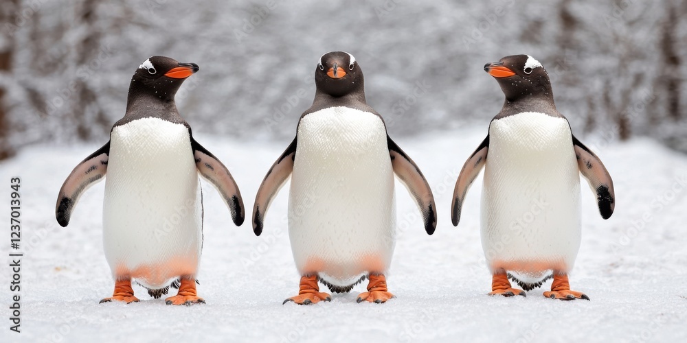 Fototapeta premium Gentoo penguins walking in snowy landscape antarctica wildlife photography serene environment close-up view nature's wonders