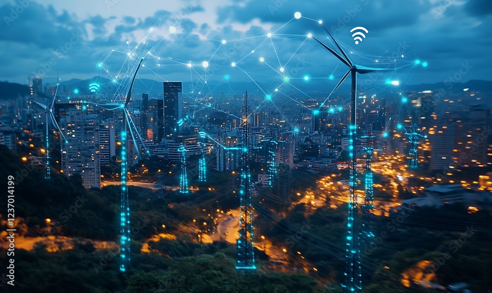 Obraz premium Smart city at night with wind turbines and power lines connected by a network.