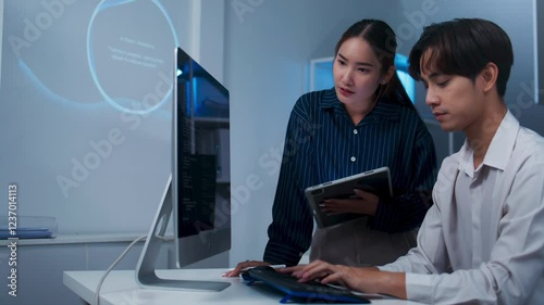 Asian woman project manager and developer pointing at computer screen explaining about code algorithm and discussing to a new male software developer at desk in office. Developer team collaborating.