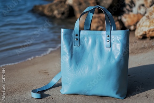 Casual sky blue leather beach tote with sturdy handles and a spacious interior, perfect for a day at the beach. photo