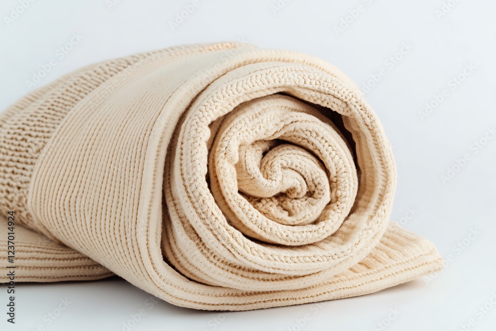 Closeup pile wrapped folded natural beige cotton blanket for kid on white background Closeup pile wrapped folded natural beige cotton blanket for kid on white background