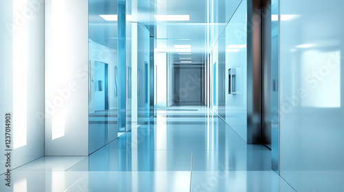 bright white and blue futuristic hall with metal elements 3d render illustration. 3D Illustration