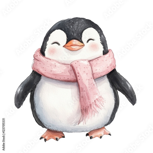 Adorable smiling penguin illustration with pink scarf on transparent background png isolated