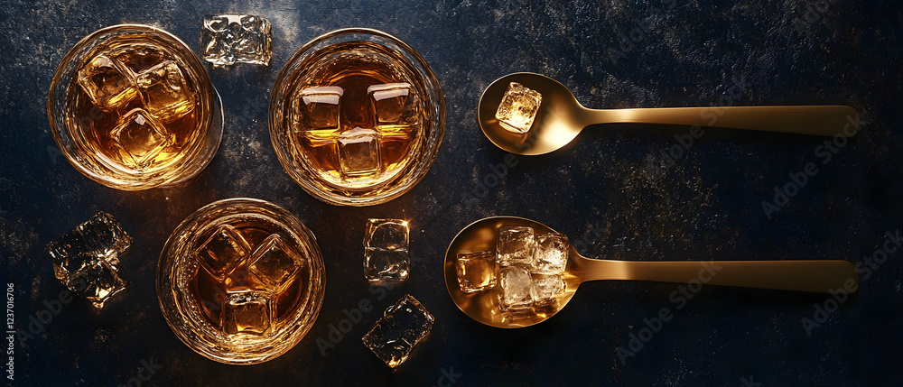 Flat lay top view of whiskey glasses with golden spoon and ice cubes. Dark background. Copy space. Generative AI Flat lay top view of whiskey glasses with golden spoon and ice cubes. Dark background. Copy space. Generative AI