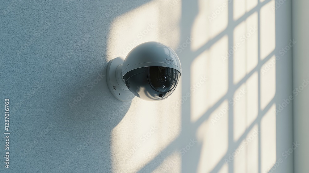 A realistic 3D view of a white safety camera mounted on a clean white wall, capturing its intricate details A realistic 3D view of a white safety camera mounted on a clean white wall, capturing its intricate details
