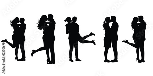 This image features a collection of black silhouettes of couples embracing and kissing