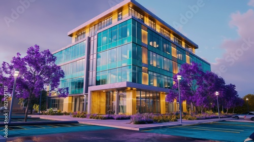 A sleek office building in Throne, Canada, rendered with turquoise glass windows and golden oak wood accents photo