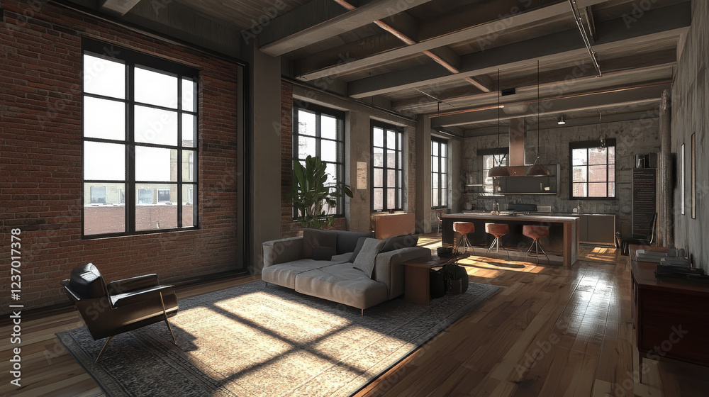 Big white bright loft room architecture render 3d illustration with shiny wooden floor and daylight background Big white bright loft room architecture render 3d illustration with shiny wooden floor and daylight background