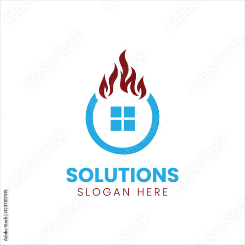 Creative logo design featuring a flame and a window for a solutions company