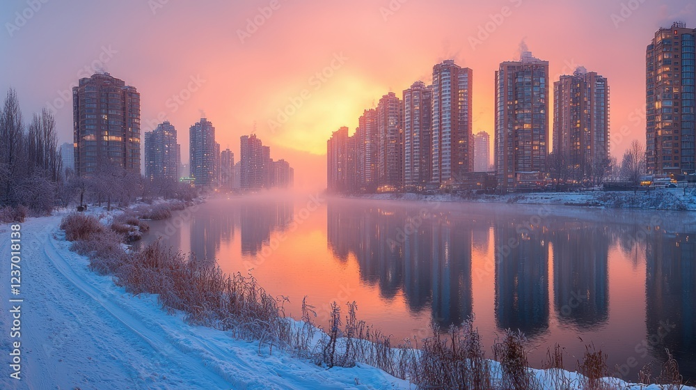 Obraz premium Winter Sunrise over City Skyline Reflected in Calm River