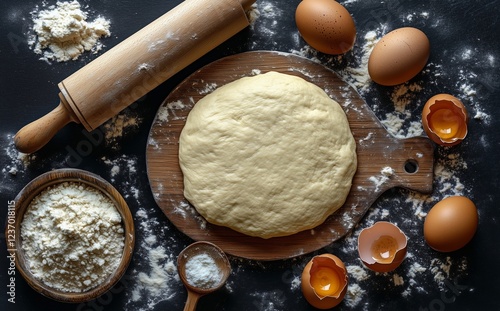 Baking preparation with dough, eggs, and flour on a wooden table in a kitchen
