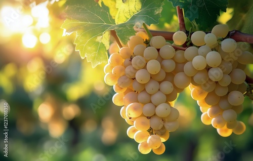 Bunch of ripe white grapes hanging from vine in warm sunlight during harvest ...