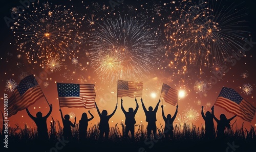 Celebration of independence with fireworks and flag waving in the night sky
