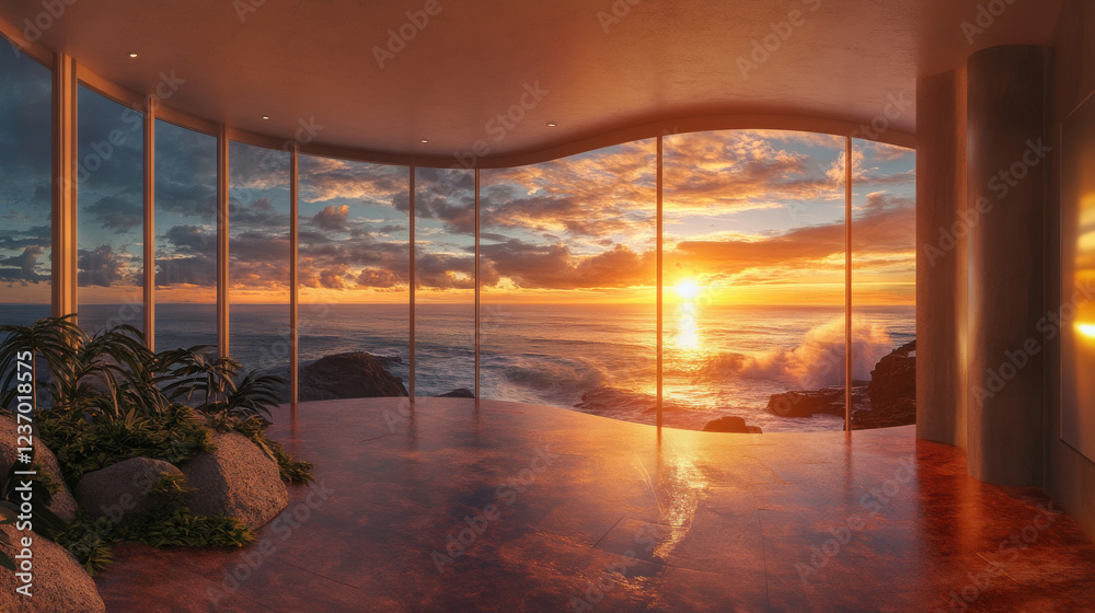 Fototapeta premium Modern panoramic corridor with ocean views at sunset 360 panorama vr environment map. 3D Illustration