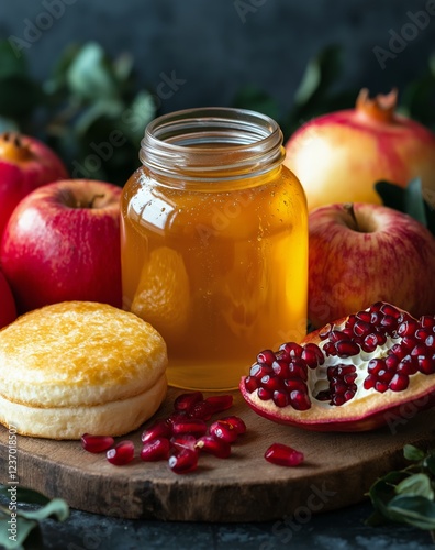 Delicious apples and pomegranate seeds with honey on wooden board during autu...