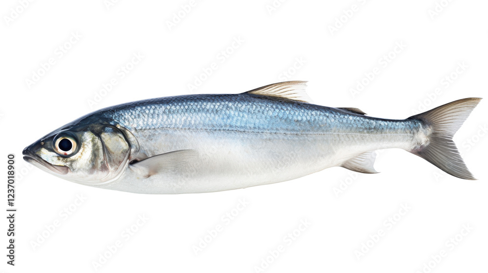 The fish displays a sleek body with reflective silver and blue scales. It is isolated against a plain background, highlighting its features and lively colors The fish displays a sleek body with reflective silver and blue scales. It is isolated against a plain background, highlighting its features and lively colors