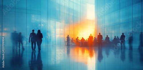Silhouetted figures in a modern office building during sunset