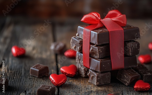 Chocolate gift box stacked with red hearts for a romantic celebration