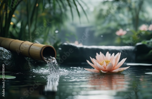 Tranquil water flowing from bamboo spout into serene pond with blooming lotus...