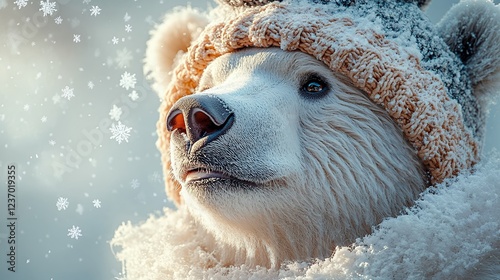 Polar Bear in Winter Knit Hat: A Serene Winter Portrait