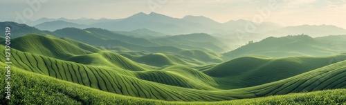 Lush green hills under soft morning light in a tranquil landscape