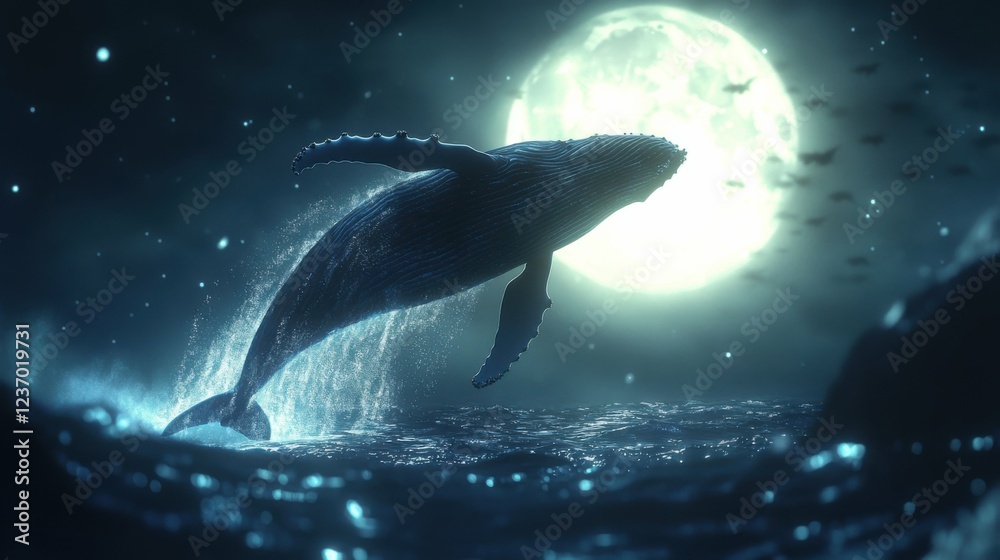 Obraz premium Humpback whale leaping gracefully out of the water, surrounded by glistening droplets and illuminated by the soft light of the moon