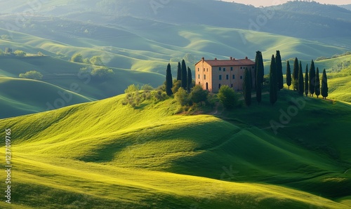 Beautiful countryside landscape with a villa and cypress trees in Tuscany at ...