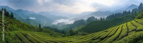 Lush green tea terraces surrounded by misty mountains at dawn in a serene lan...