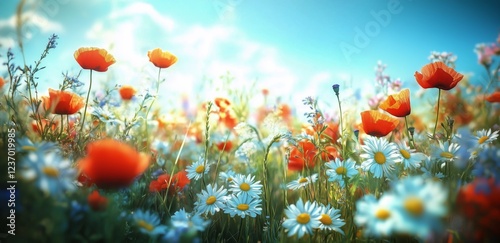Colorful wildflower meadow with poppies and daisies under a bright sky