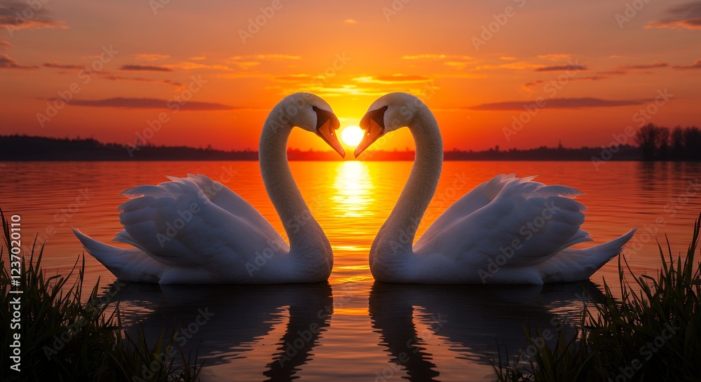Fototapeta premium Romantic Swan Sunset Heart Shaped Love at Golden Hour