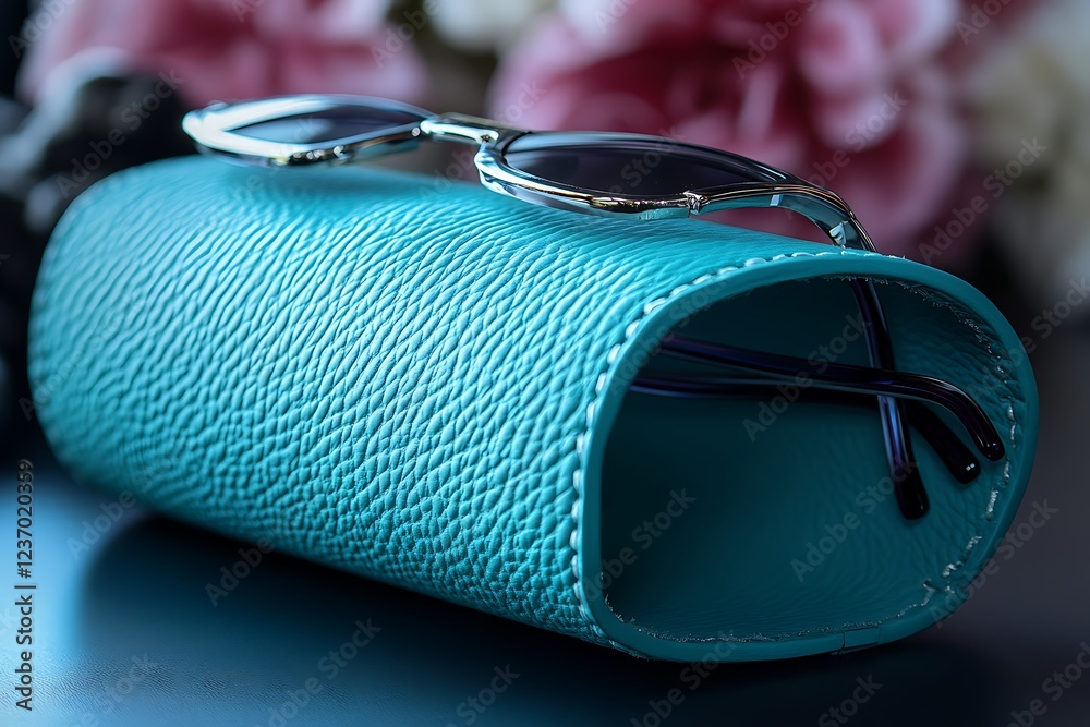 Naklejka premium Chic turquoise leather sunglass case with a hard shell and vibrant color, protecting eyewear in style.