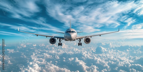 Airplane flying above fluffy clouds in a bright blue sky during daytime